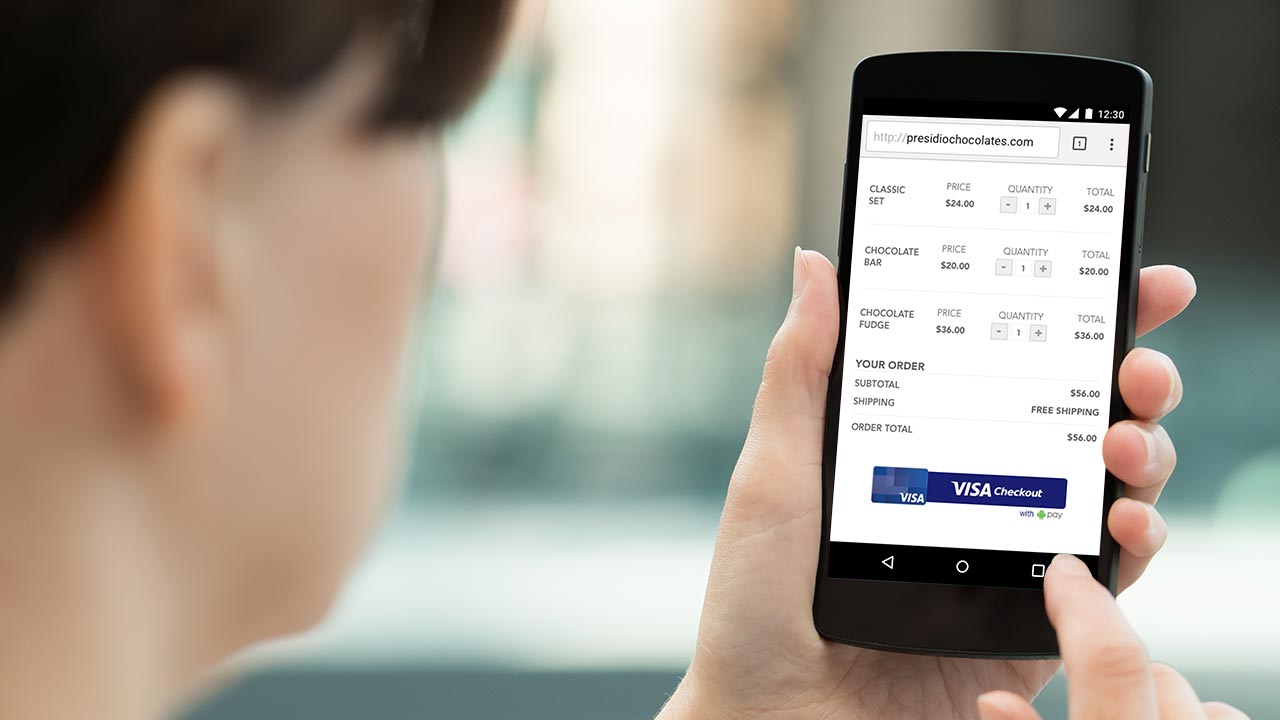 open-vco2-1280x720 Online shopping on a mobile phone using Visa Checkout.